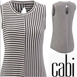 Cabi Gray Striped London Sleeveless Tank Top Crew Neck Keyhole #3417
